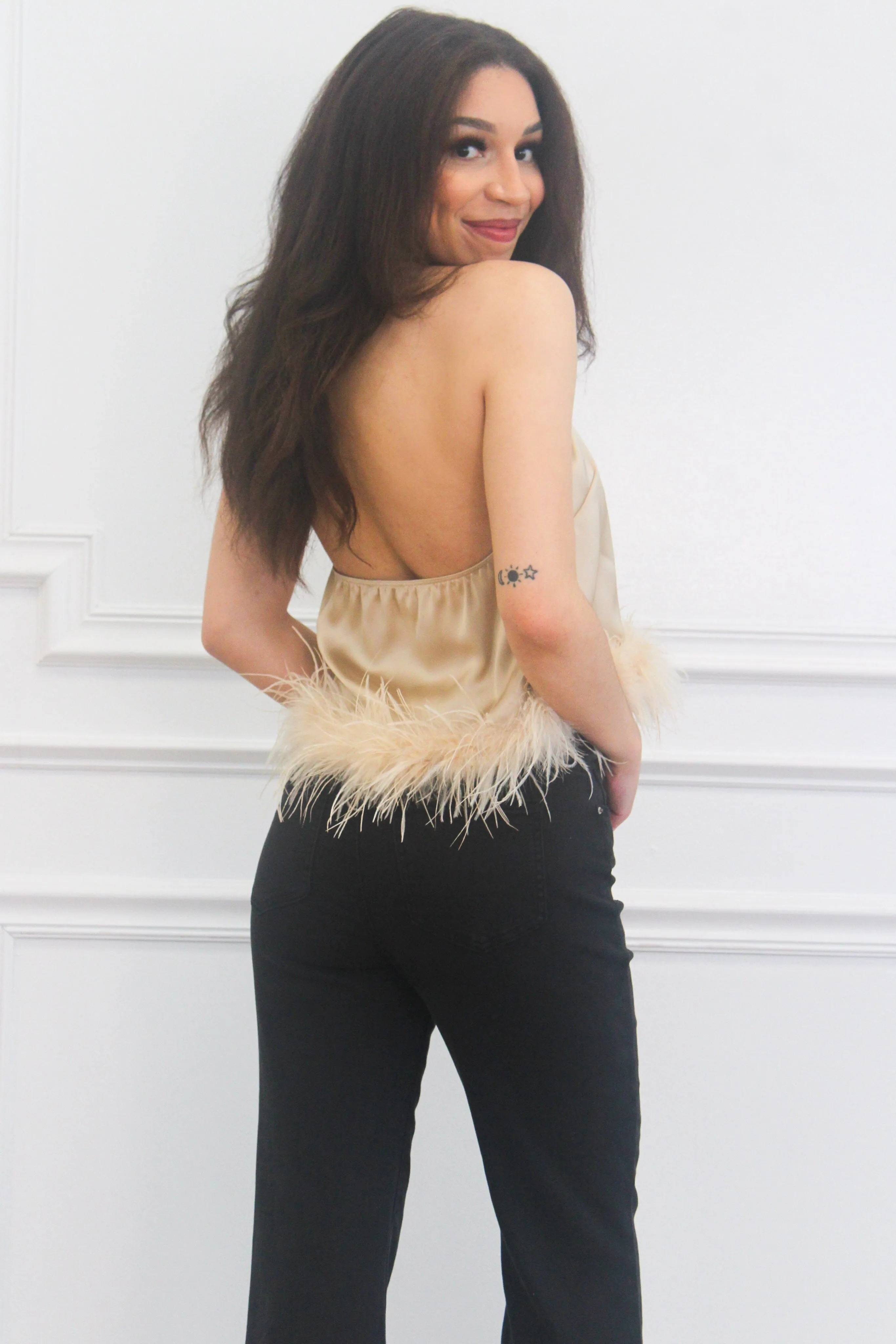 Glamour Girl Satin Feather Top: Champagne
