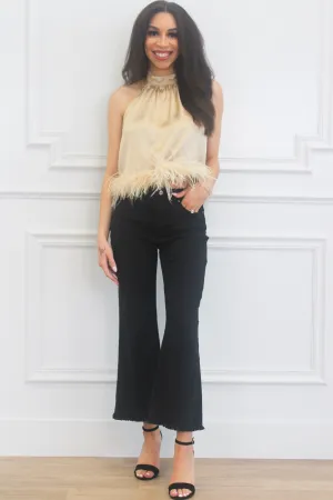 Glamour Girl Satin Feather Top: Champagne