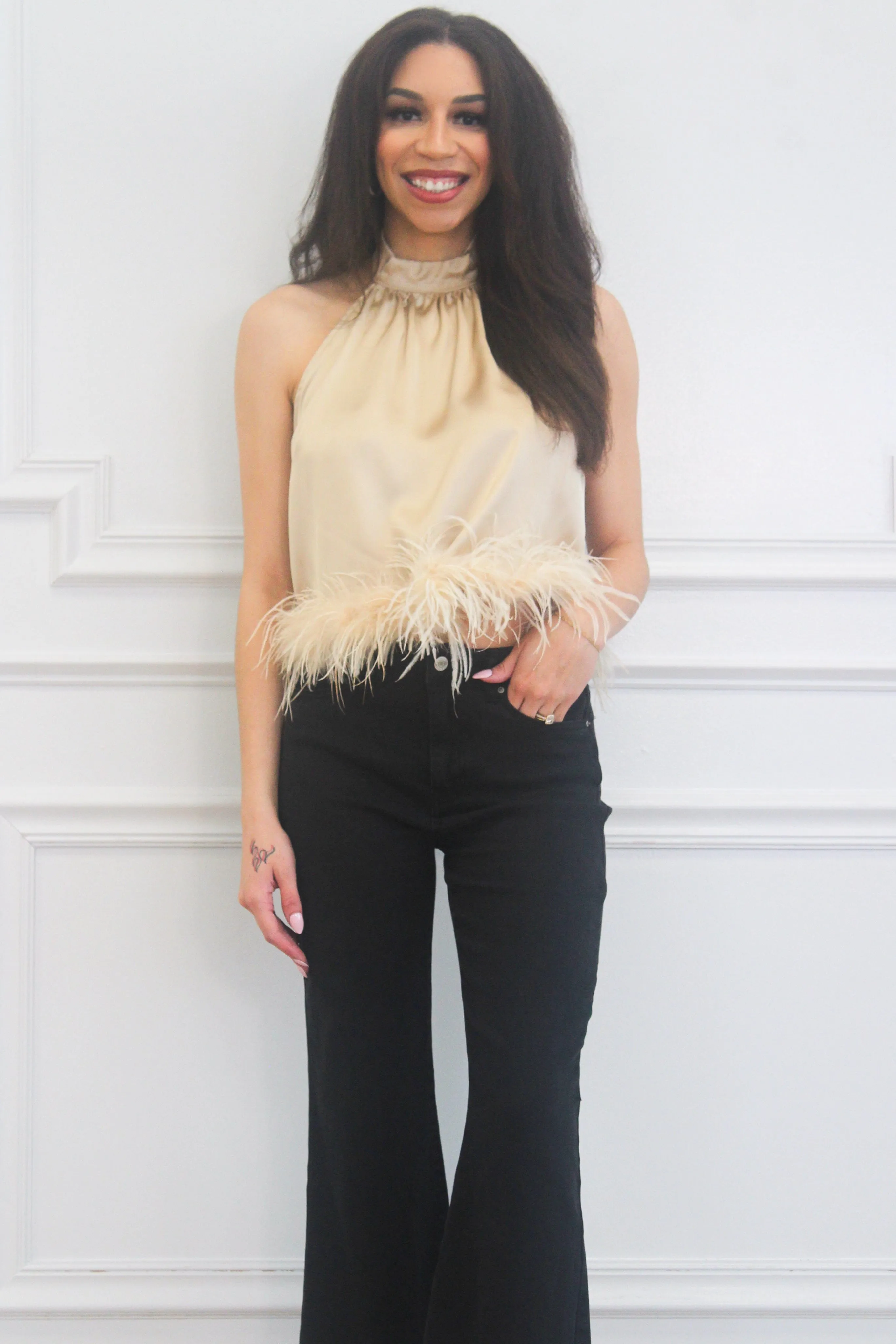 Glamour Girl Satin Feather Top: Champagne
