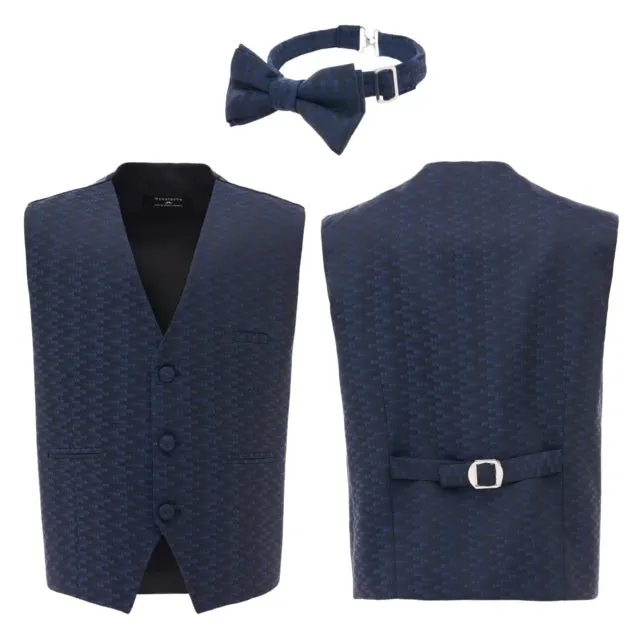 Navy Geometric Print Vest and Bowtie