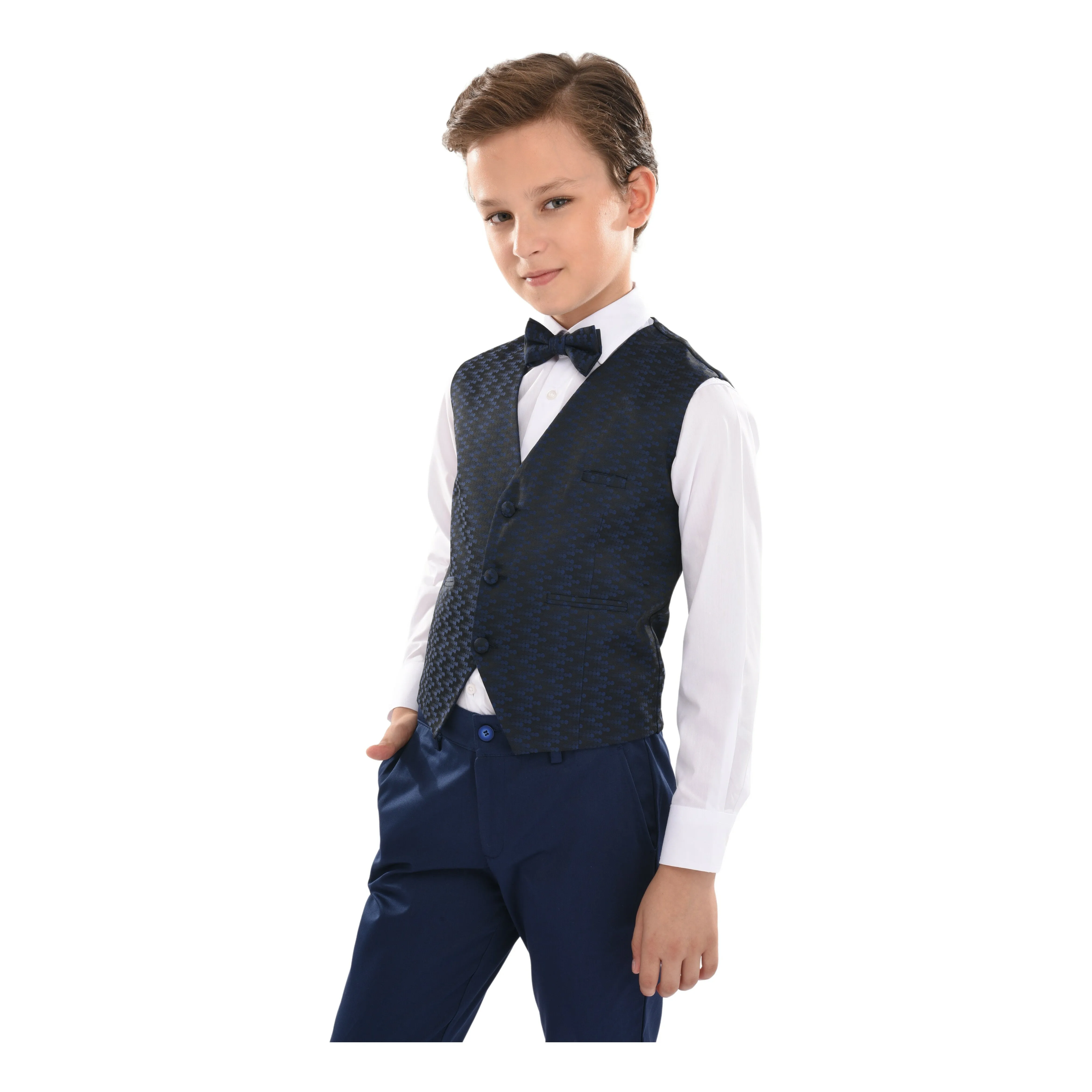 Navy Geometric Print Vest and Bowtie